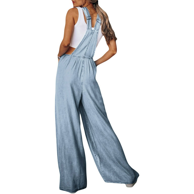 Wide Denim With Overalls for Straight Bib Pants Loose Pocket Stretchy Leg Overall Baggy Jean goowrom Jumpsuit Fit Women