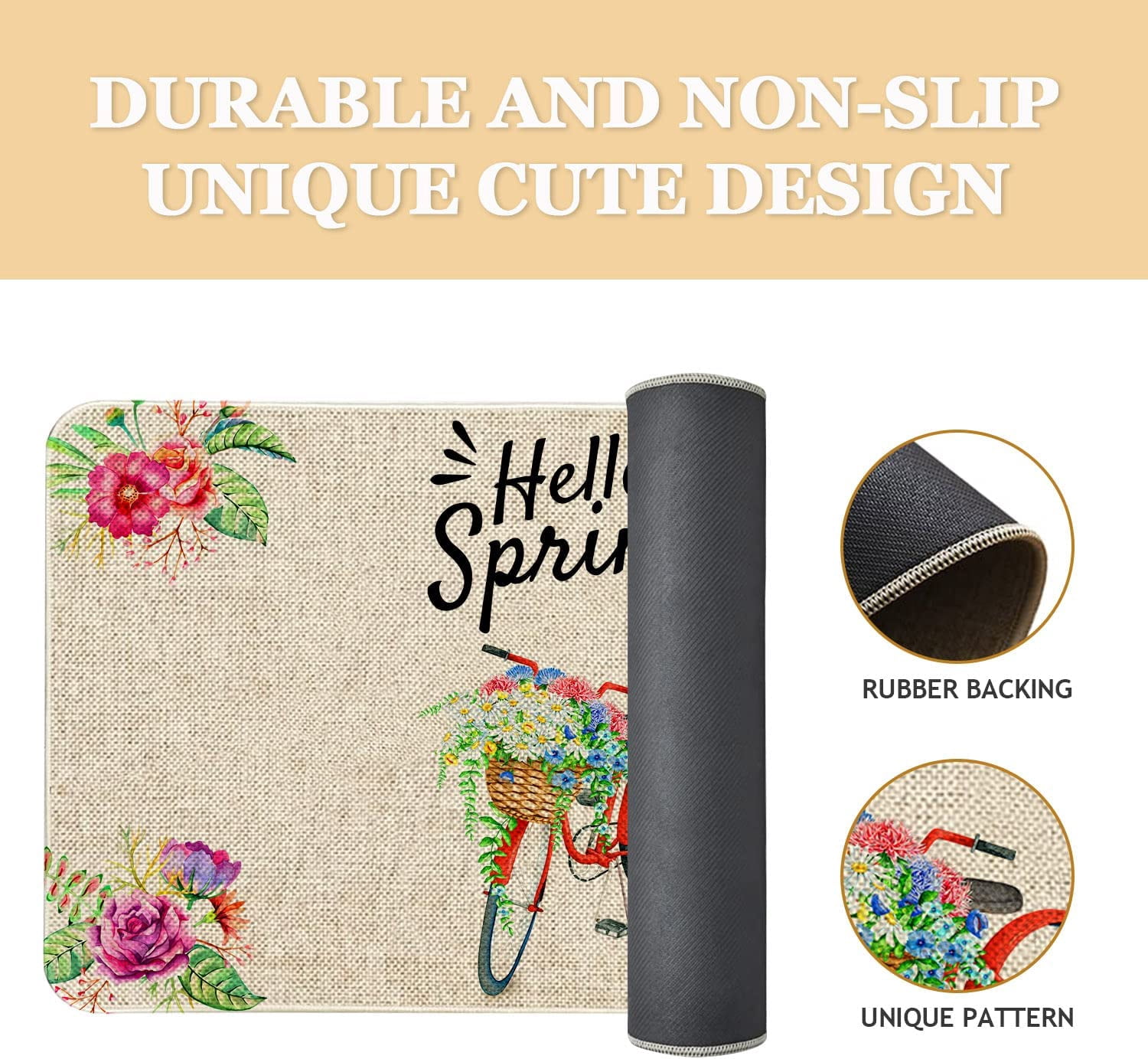 Spring Door Mat 30 X 17 Inch Spring Bike with Flowers Doormat Indoor Outdoor Entrance Floor Mat Non Slip Spring Decor Rubber Mats