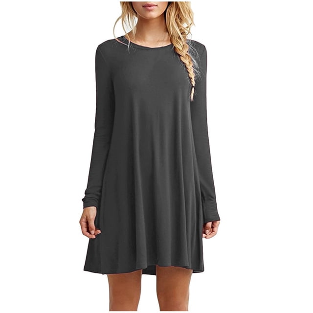 Vestido mini con cuello redondo y volantes de manga larga para mujer - Poliéster/spandex, corte holgado - Tallas S-XXXL