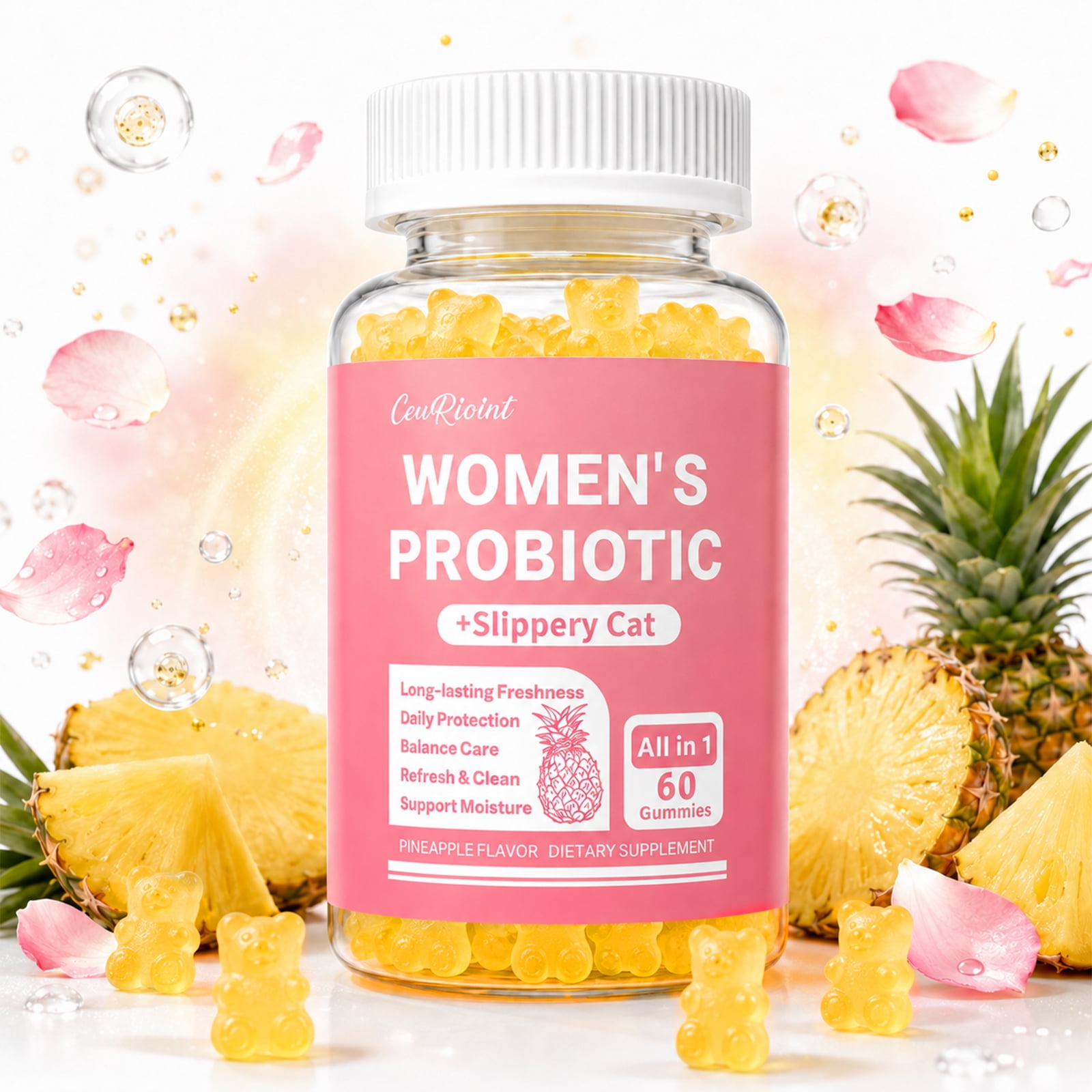 CeuRioint 60 Gummies Pineapple Women's Probiotic Gummies with Slippery Elm Women's Day Gift