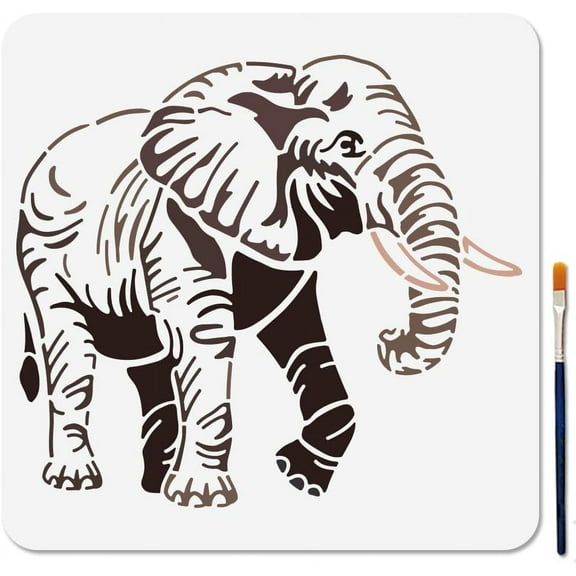 1 Set Elephant Stencil with Paint Brush 11.8x11.8inch Large Animal Elephant Silhouette Painting Template Reusable Plastic Drawing Stencil for Wood Fabric Wall Window DIY Craft