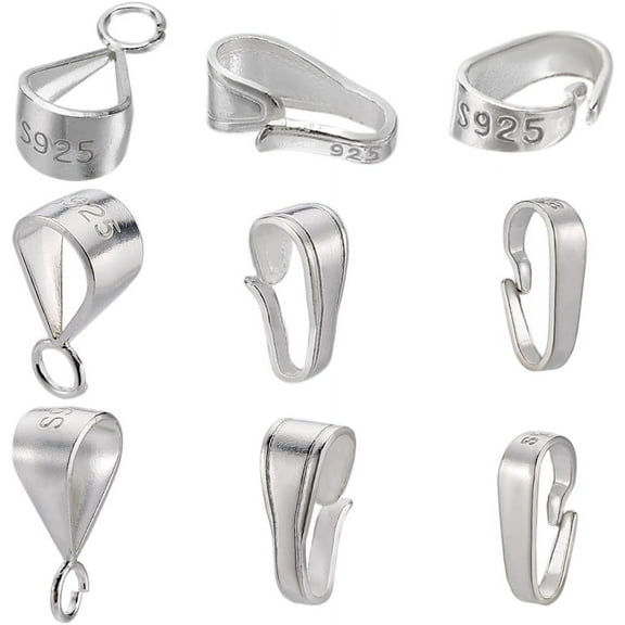 1 Box 9PCS 925 Sterling Silver Pendant Clasp Bail Connectors Metal Pinch Bails Hooks Clip Snap on Pendants Clasps Charms Bulk Supplies Bracelet Necklace Women DIY Craft