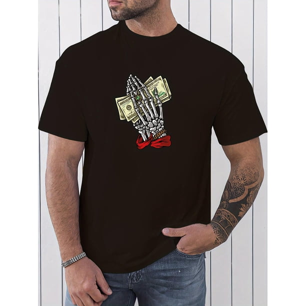 Camiseta deportiva informal para hombre con estampado único de mano de esqueleto. Cuello redondo, manga corta, tejido 100 % algodón transpirable, lavable a máquina. Para adultos, hombres, mujeres, ado