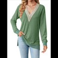 thumbnail image 2 of Blusas de Otoño para Mujer, con Escote en V, Encaje, Larga, Holgadas, con Ribete de Bloques de Color, Moda 2025 Verde M, 2 of 10