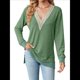 thumbnail image 2 of Blusas de Otoño para Mujer, con Escote en V, Encaje, Larga, Holgadas, con Ribete de Bloques de Color, Moda 2025 Verde M, 2 of 10
