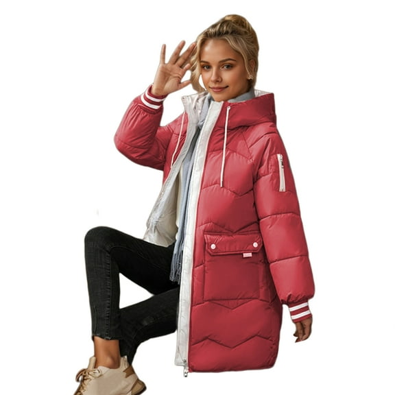 Winter Down Coat Thickened Padded Plush Hood Big Pockets Mid Length Windproof Long Sleeves Heat Retention Warm Daily Outwear Cotton Jacket