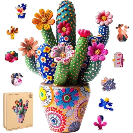Puzzles for Adults Cactus Flower Wooden Puzzles, 200 Pieces Unique Shaped Jigsaw Puzzles, Birthday for Adults and Kids, Fun Challenge Family Game 10'' x 14'' Medium Size