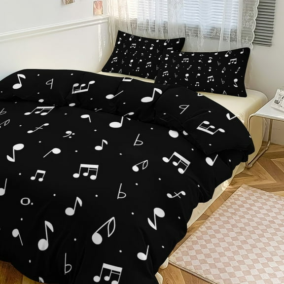 Black Music Notes Duvet Cover Set Bedding Set Polyester Quilt Cover for Bedroom Decoration