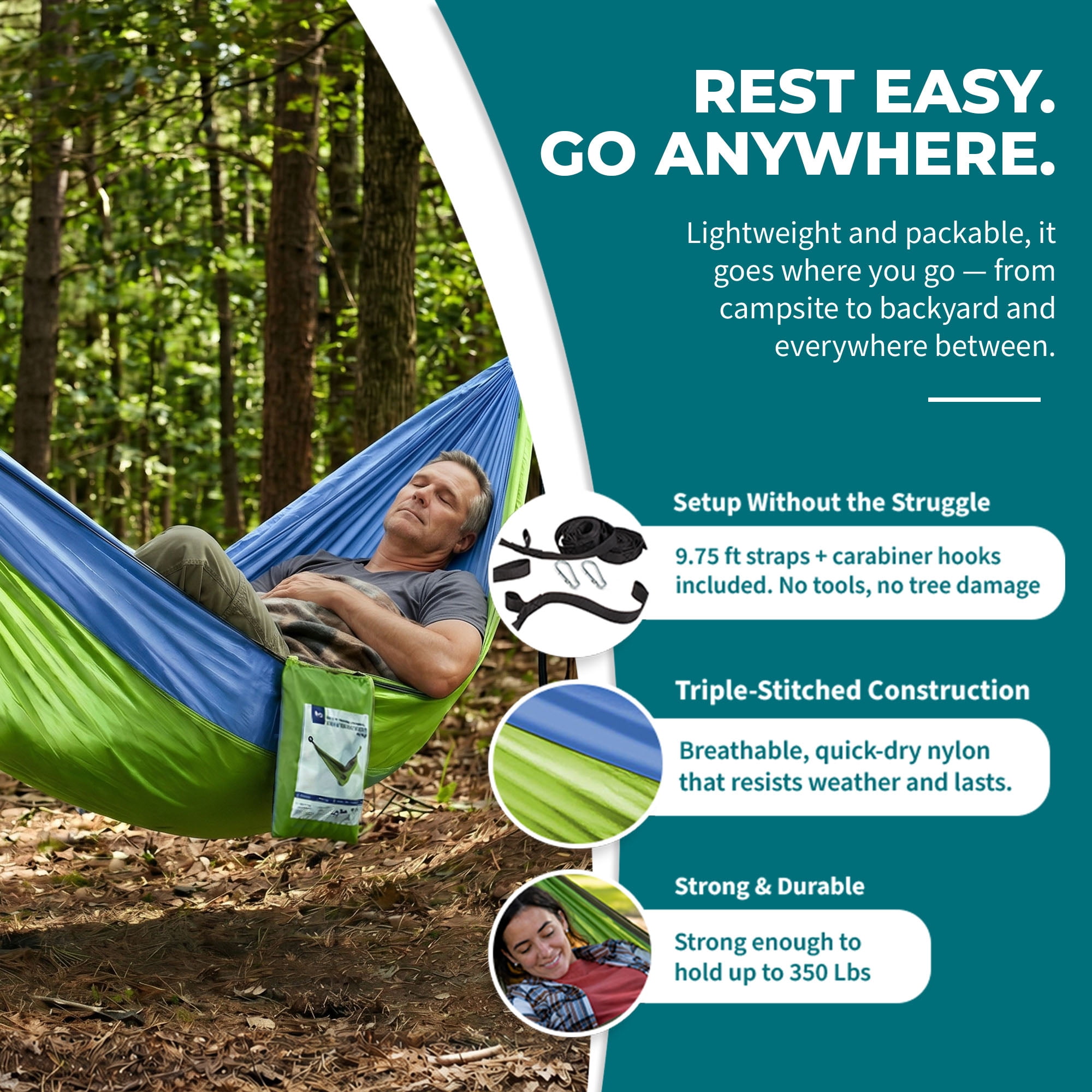 Bliss Hammocks Camping Hammock in a Bag W/ Adjustable Tree Straps, 54-inch Wide, 350 lb. Capacity (Mermaid)