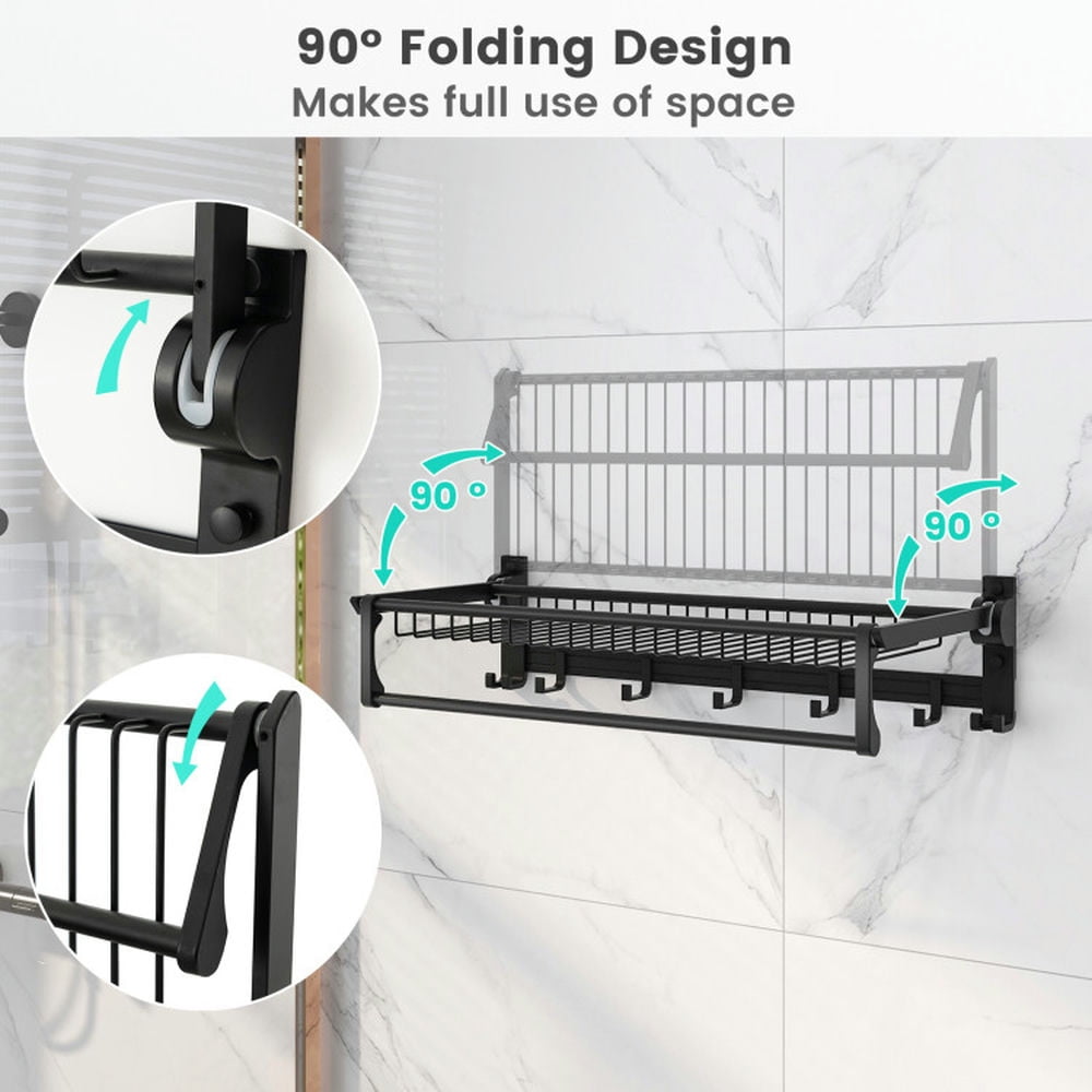Finihen Wall Mounted Towel Rack, Electric Heated Towel Rack, Wall Mounted Towel Shelf with Adjustable Towel Bar and Movable Hooks No Assembly Required, for Bathroom, laundry Room, Black