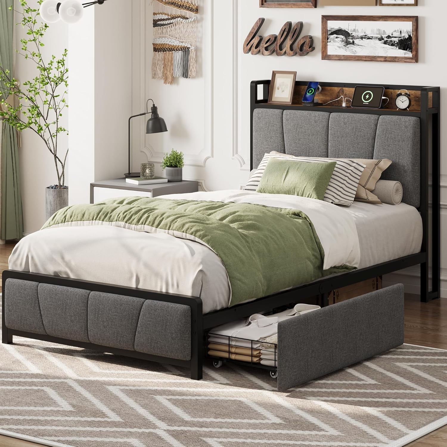 Hetoy Full Size Bed Frame with 4 Storage Drawers and Adjustable Headboard, Linen Upholstered Platform Bed Frame with Wooden Slats Support, No Box Spring Needed, White