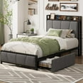 thumbnail image 2 of Memoryfield Twin Size Bed Frame with 2 Storage Drawers and Charging Station, Rustic Linen Upholstered Platform Bedframe with Storage Headboard, Heavy Duty, No Box Spring Needed,Gray, 2 of 7