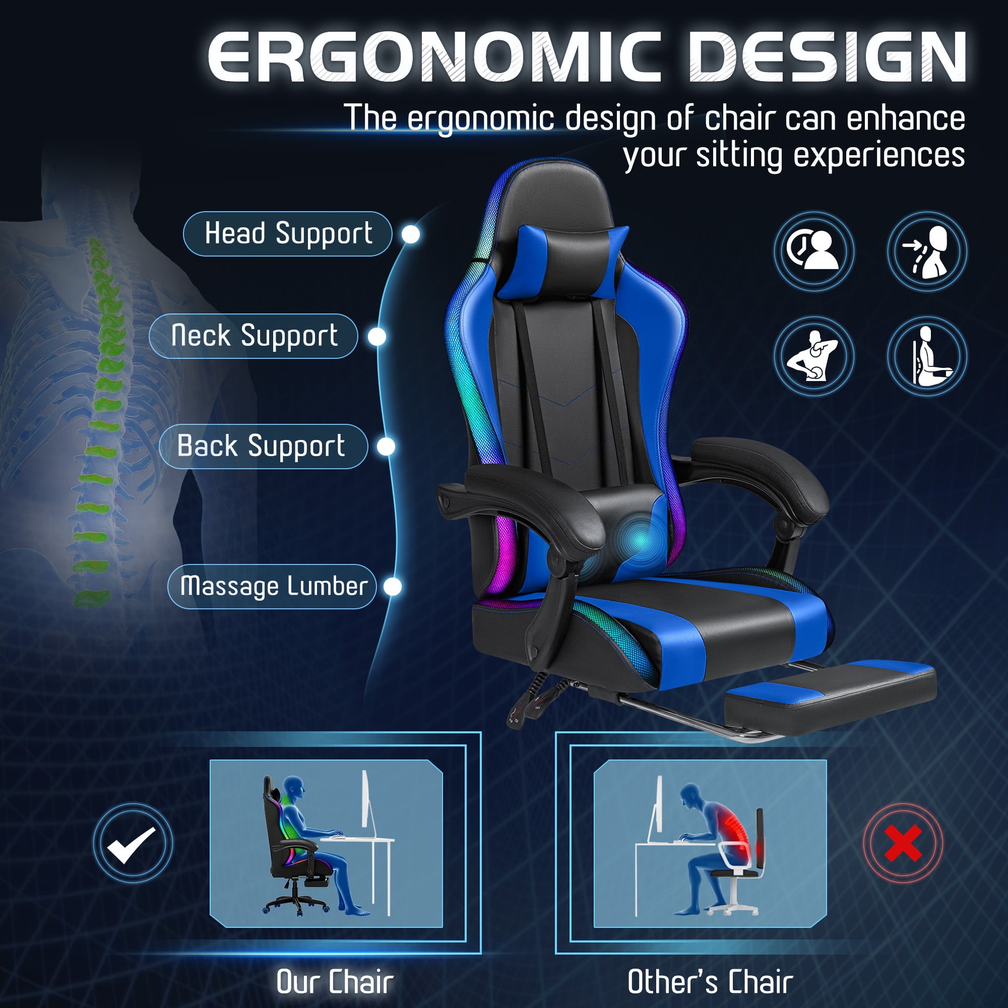 Homall RGB Gaming Chair with APP & Remote Control, LED Lights Ergonomic Computer Chair with Footrest & Massage Lumbar Support, Blue
