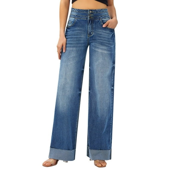 roswear Women's Stretchy Wide Leg Jeans Cuffed Denim Pants, 30" Inseam, Size 4-16