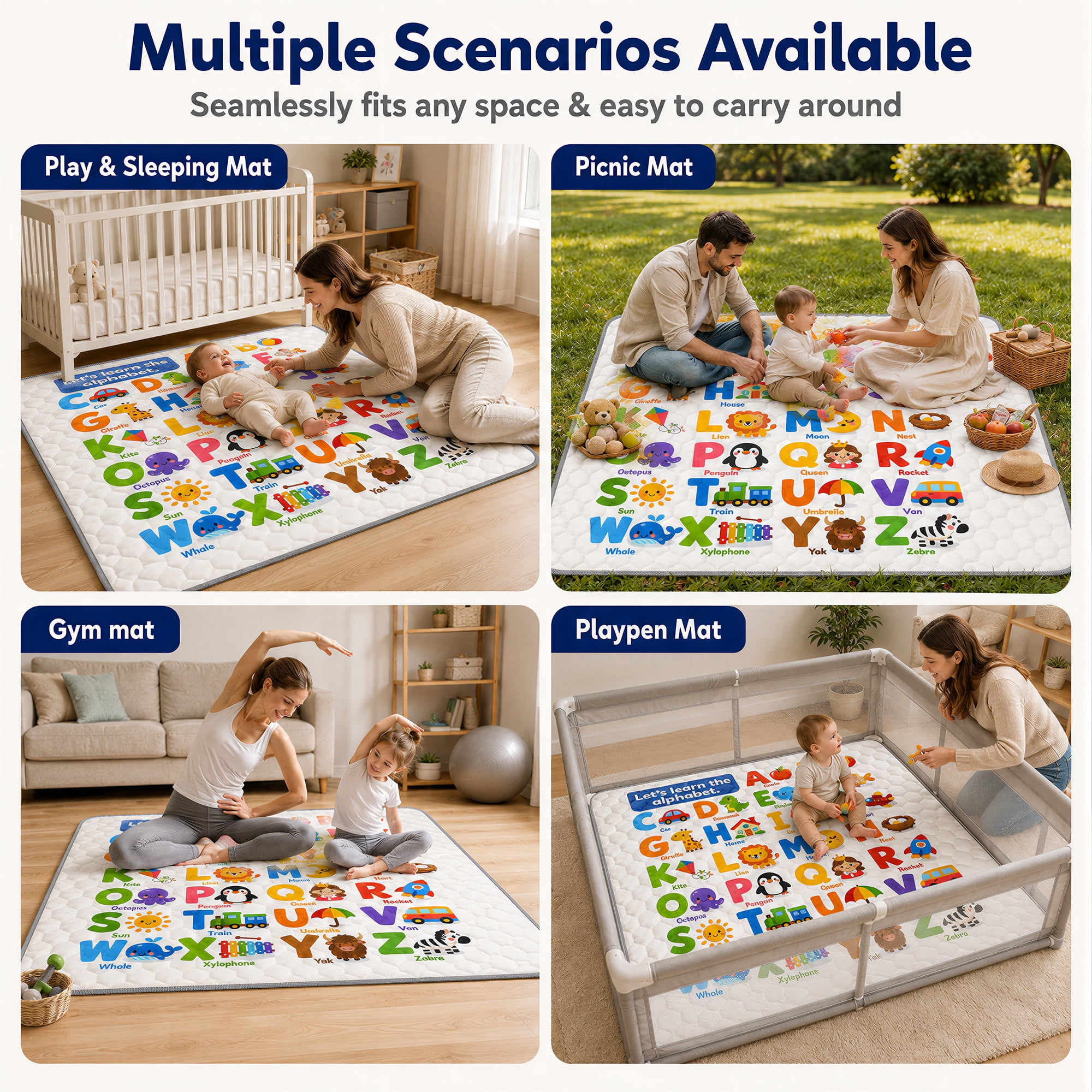 BEAUTYPEAK Baby Play Mat, 50"x50" Mat Perfect for Use Baby Playpen,Non-Slip Foldable Mat for Toddlers and Babies