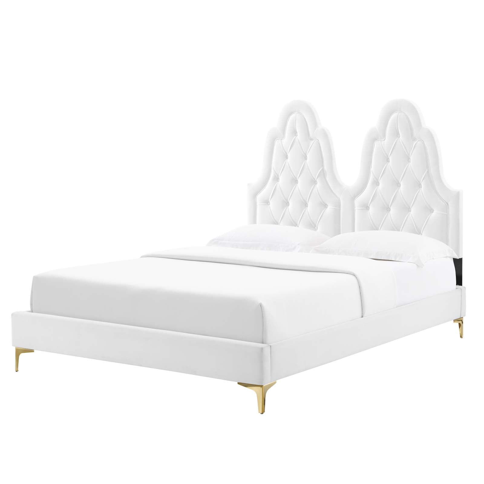 Tufted Platform Bed Frame, King Size, Velvet, White, Modern