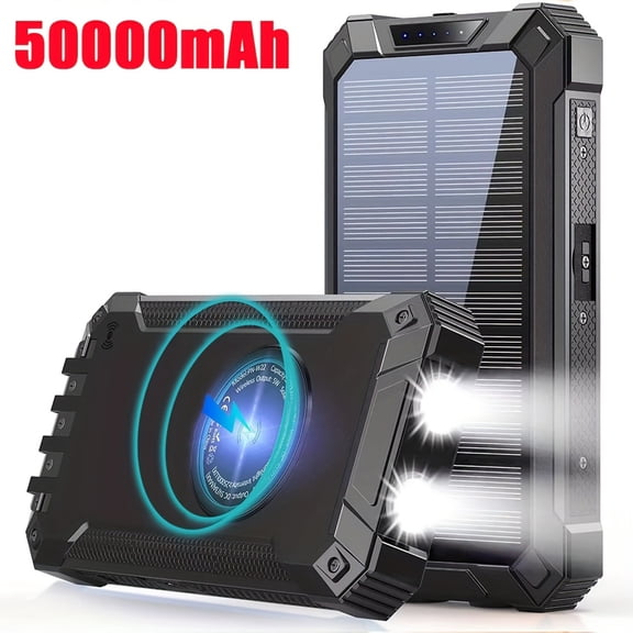2026 Solar Power Bank 50000mAh with Wireless Charger, 15W Fast Charging, Built-in 4 Cables & 6 Outputs, Dual Flashlights, Suitable for All Mobile Devices, Perfect Festival Gift