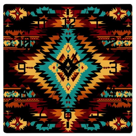 Boho Orange Teal Wooden Wall Clock Silent Non Ticking, Southwestern Ethnic Abstract Geometric Square Wall Clocks Battery Operated, Decor Clock for Home Office, Living Room, Kitchen, 12 Inch