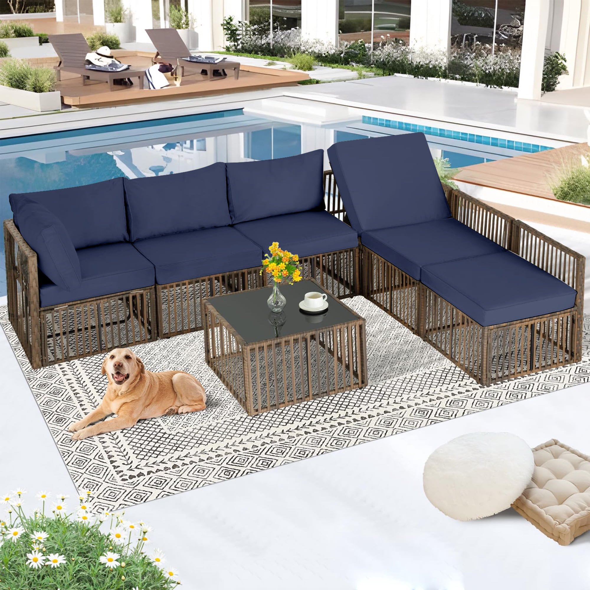 7 Piece Outdoor Sectional Sofa Set with Adjustable Backrest,All-Weather Patio Furniture with Washable Cushions,Thick Cushion & Coffee Table for Garden, Porch, Poolside, Brown/Blue