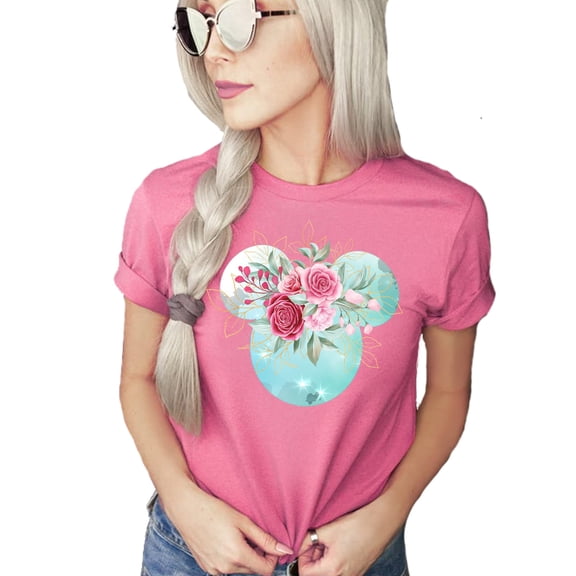 Women Teen Mickey Ears Pink Flowers with Gold Leaves Shirt Floral Adult Ladies Boho Character Tshirt (Dark Pink, Large)