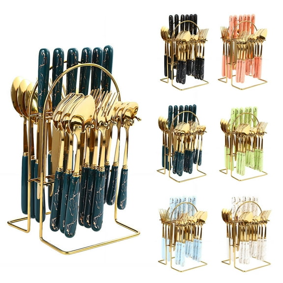 FACEGA 24Pcs Spoons and Forks Set,Nordic Style Design Spoon and Fork Set,Minimalist Fashionable Fork and Spoon Set,DarkGreen