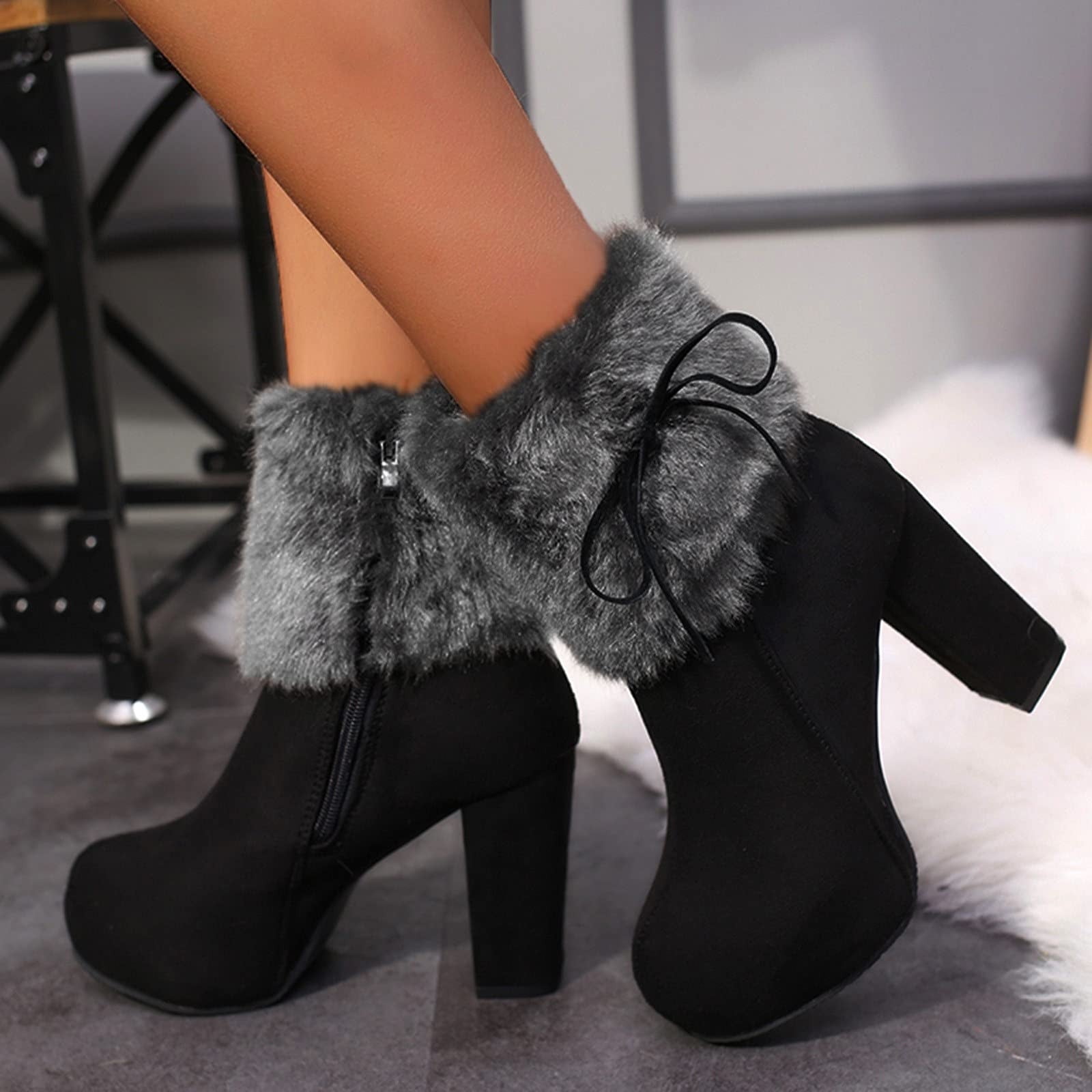 Fanxing Womens Chunky High Heel Bow- Zipper Faux Fur Ankle Booties