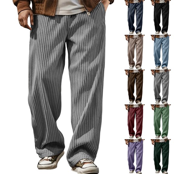 Zynoxe Men's Corduroy Pants with Side Pockets Plus Size Solid Color Full Length Pants Elastic Waist Drawstring Casual Trousers Lightweight Relaxed Wide Leg Pants for Men M
