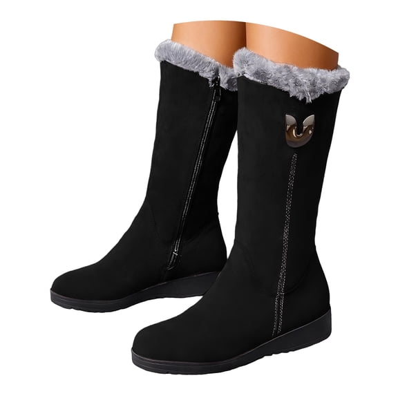 Winter Boots for Women Christmas Low Heel Faux Cuff Warm Booties Fleece Line Slip On 2025 Trendy Round Toe Cold Weather Winter Boots