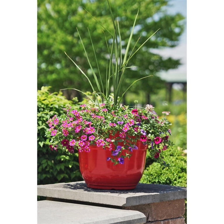 Garden Elements Indoor/Outdoor Glazed Brushed Happy Plastic Planter, Large, Bright Red, 15"