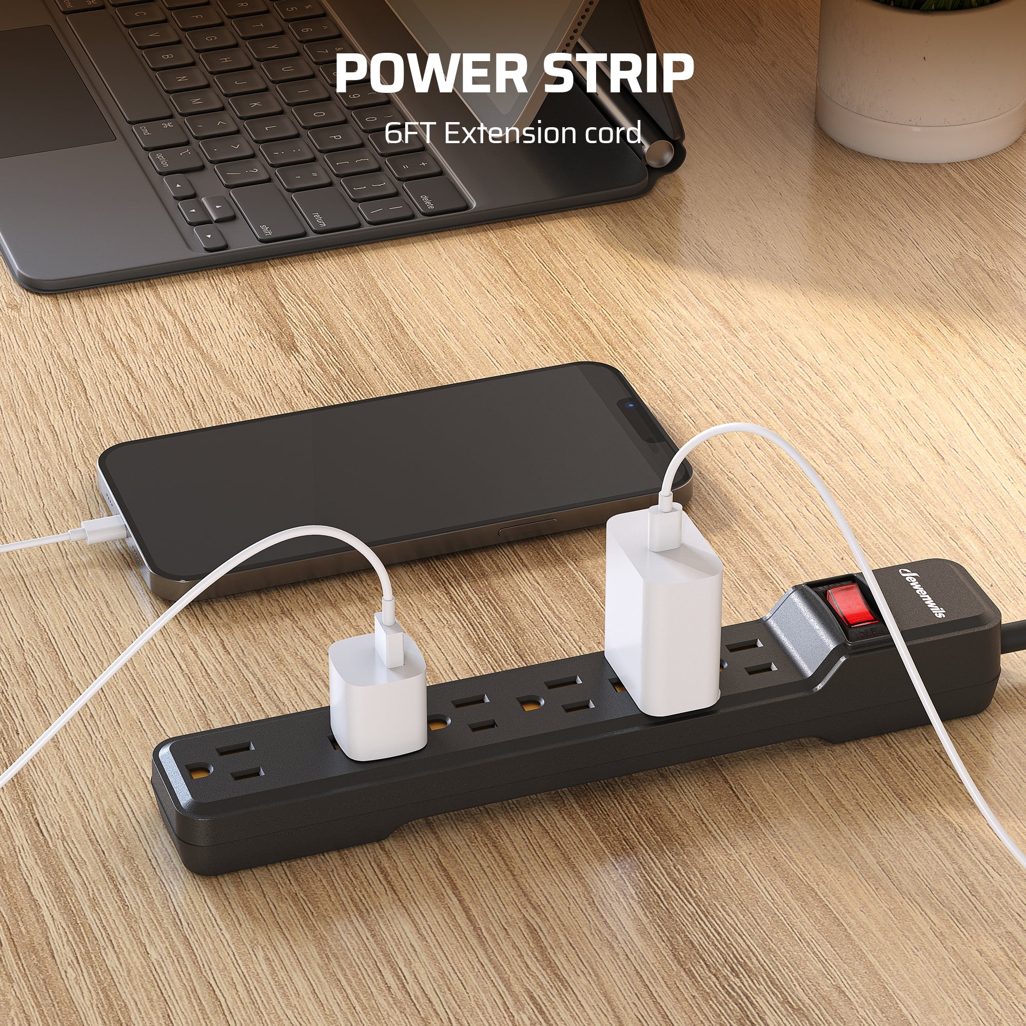 DEWENWILS 2-Pack Power Strip Surge Protector,  6-Outlet Power Strip with 6ft Long Extension Cord, New