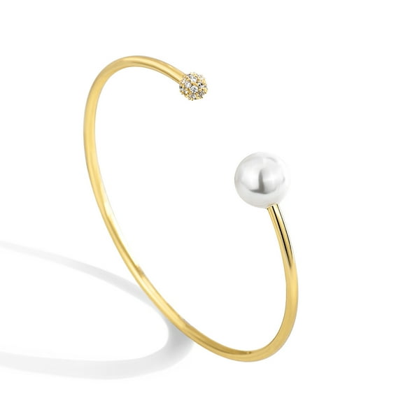 Charm-In 14K Gold Plated Jewelry Pearl Bracelet Adjustable Cubic Zirconia Cuff Bangle Dazzling Fashion Luxurious Modern Unique Glamorous Trendy Sophisticated Sparkling Jewelry Celebrity Style