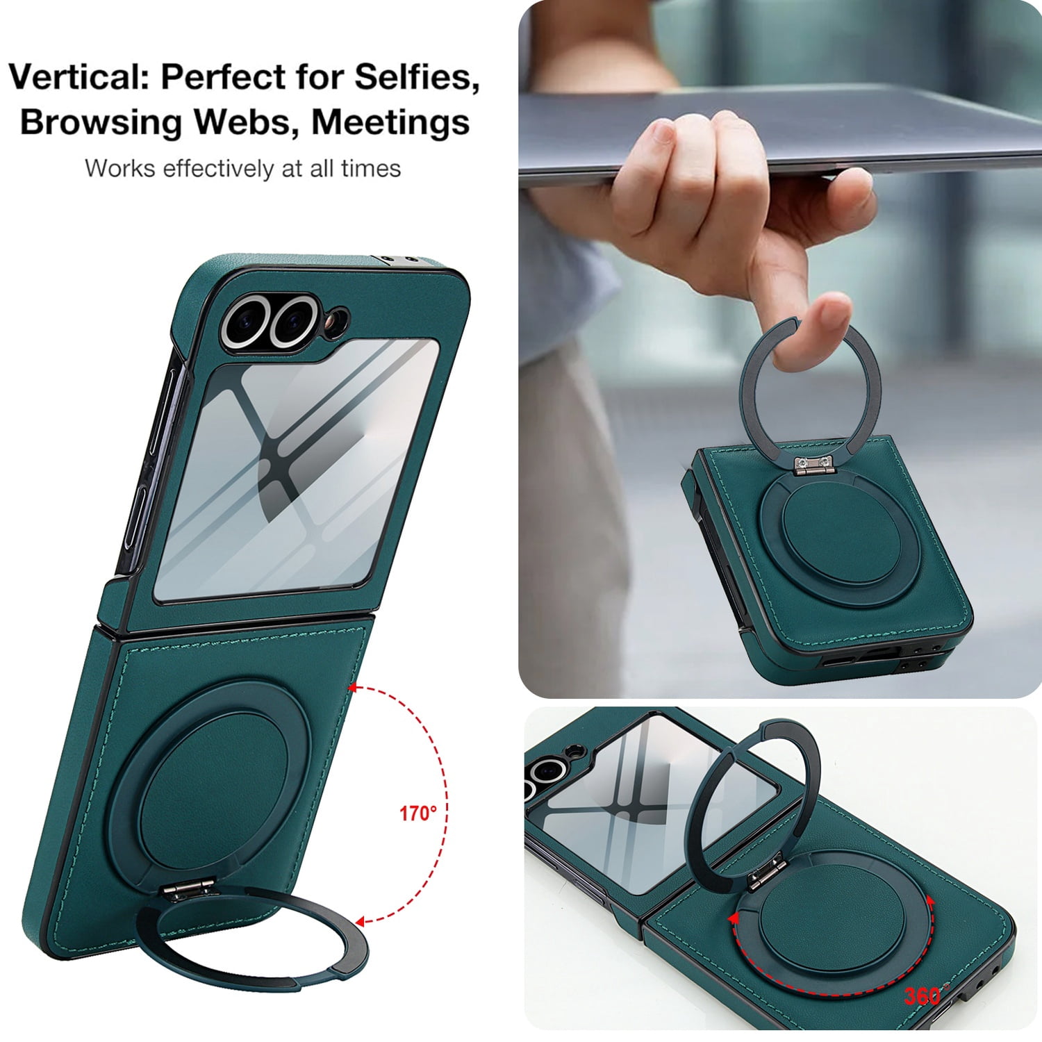 Compatible with Samsung Galaxy Z Flip 7 Phone Case,Built-in Screen Protector,360° Rotatable Ring Kickstand,Compatible with Mag-Safe,Anti-Scratch Leather Shockproof Rugged Phone Case,Green