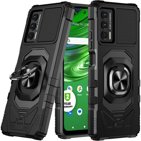 Thousandgear ThousndGear Compatible for Cricket Outlast Case, Att Jetmore Case with Tempered Glass Screen Protector,Ring Kickstand,Military Grade Heavy Duty Shockproof Protective Cover (Black)