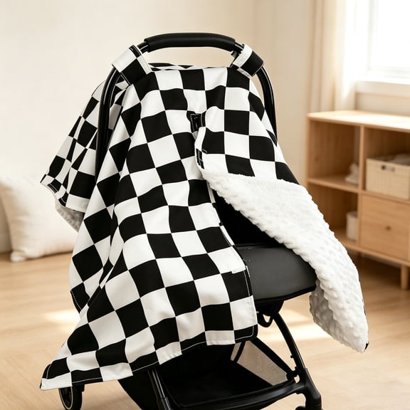 Black and White Checkered Baby Car Seat Cover – Multifunctional Nursing Cover/Sunshade