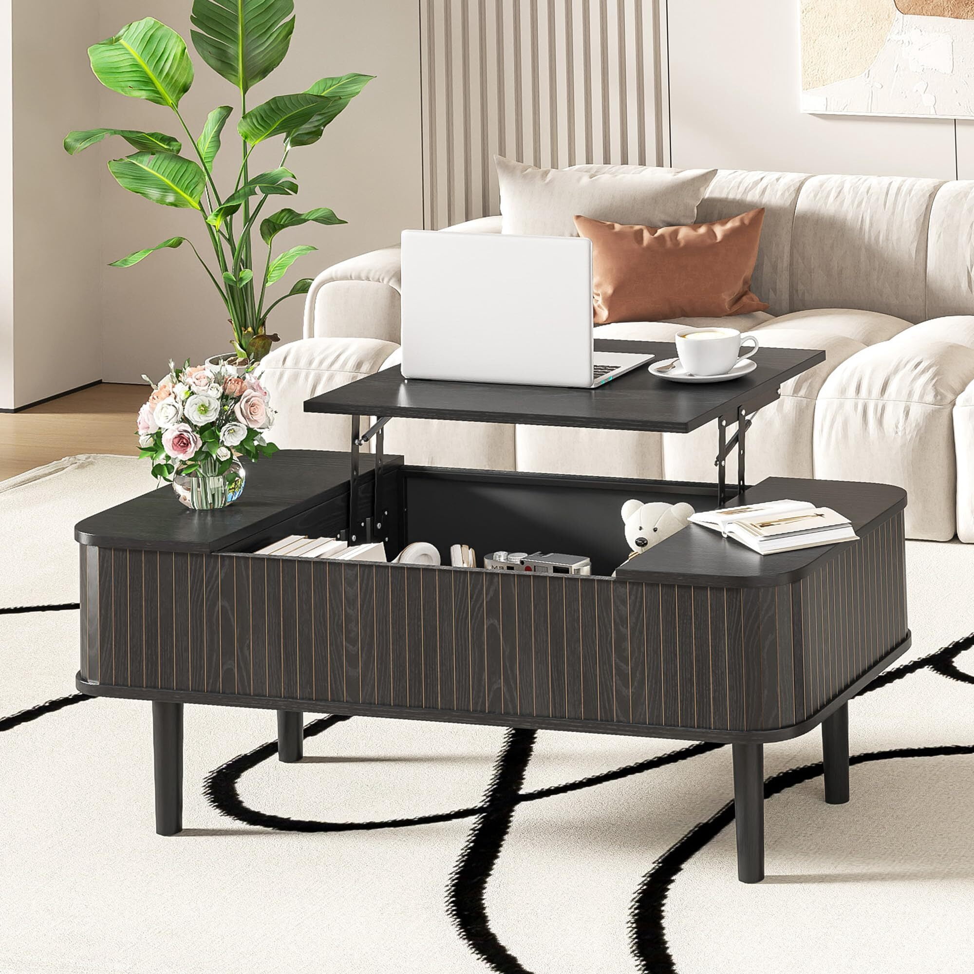 Fsbecl Mid-Century Modern Rectangle Wood Coffee Table with Storage, Black