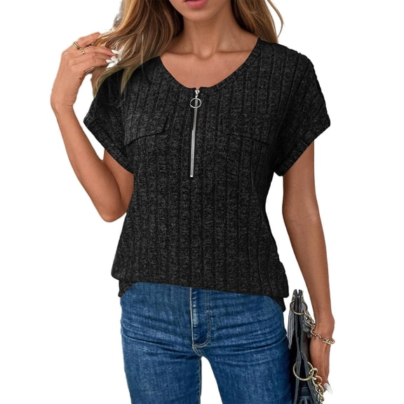 LWavelet Womens Plus Size V Neck Short Sleeve Top Half Zip Pocket Ribbed Summer Trendy Daily Casual Versatile Blouse Black XL