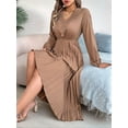 thumbnail image 3 of Women Fall Long Sleeve Dress Casual V Neck Pleated A Line Khaki S, 3 of 5