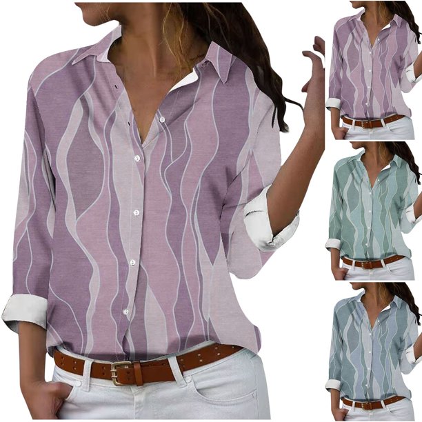 Fiudx Ofertas y Liquidaciones Camisa con Botones de Solapa Estampada de Serie Informal Regular de Manga Larga para Mujer