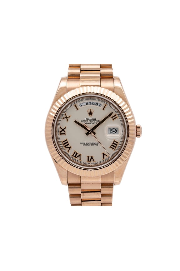 Pre-Owned Rolex Day-Date II 41MM 218235 Silver Roman Dial Fluted Bezel 18K Rose Gold President Bracelet