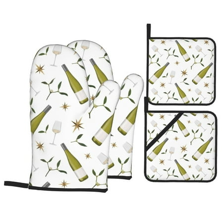 

Oven Mitts and Pot Holders 4 pcs Set Champagne Print Heat Resistant Pot Holders Oven Mitts for kitchen Non-Slip Hanging Loop Oven Glove Potholders for Baking Cooking