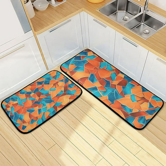 Rusty Orange and Turquoise Blue Random Kitchen Mat Set of 2 Cushioned Non Slip Rugs for Bedroom Floor Runner Mats