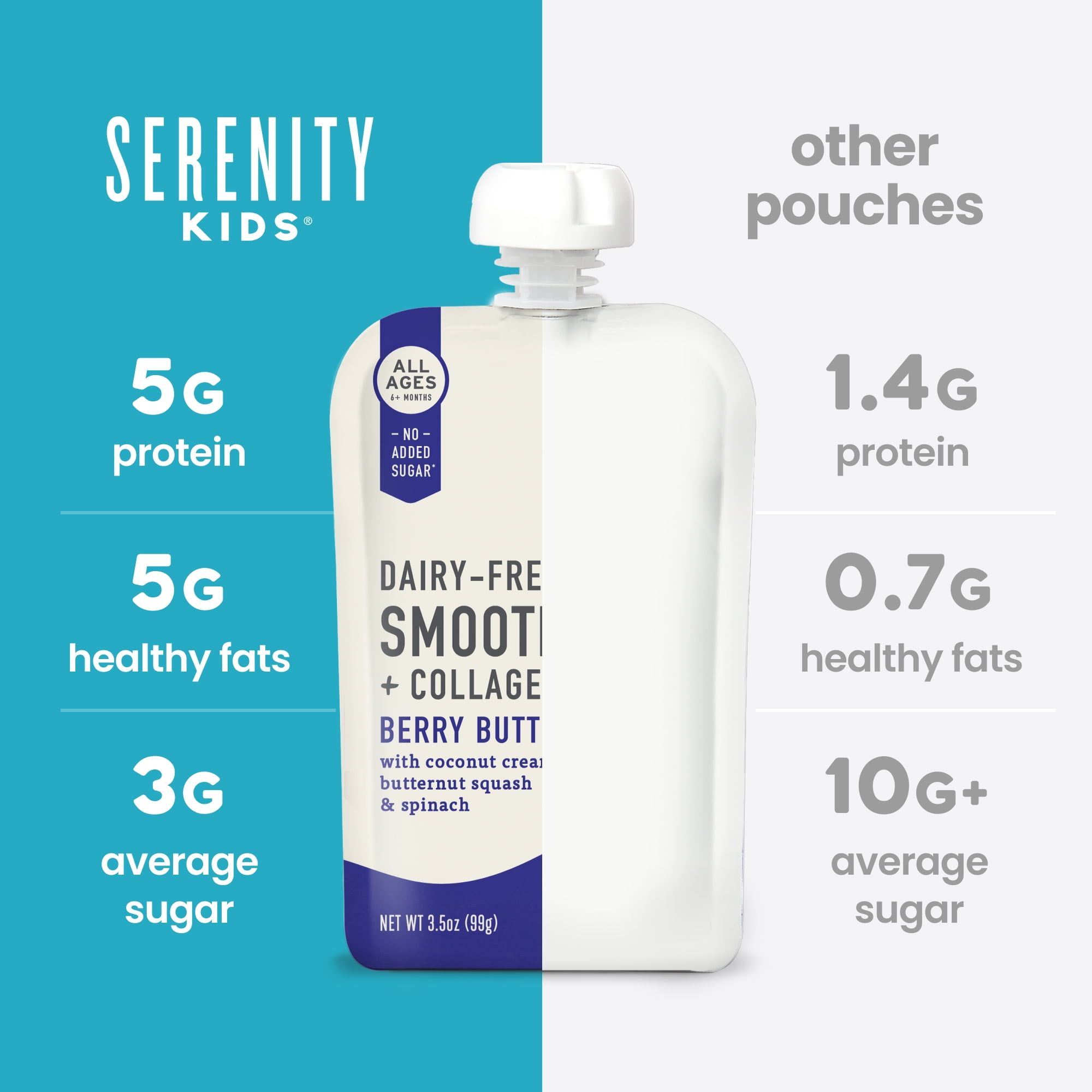 (6 pack) Serenity Kids Dairy Free Organic Berry & Butternut Smoothie + Protein Stage 2 Baby Food Grass Fed Collagen, 3.5oz Pouch