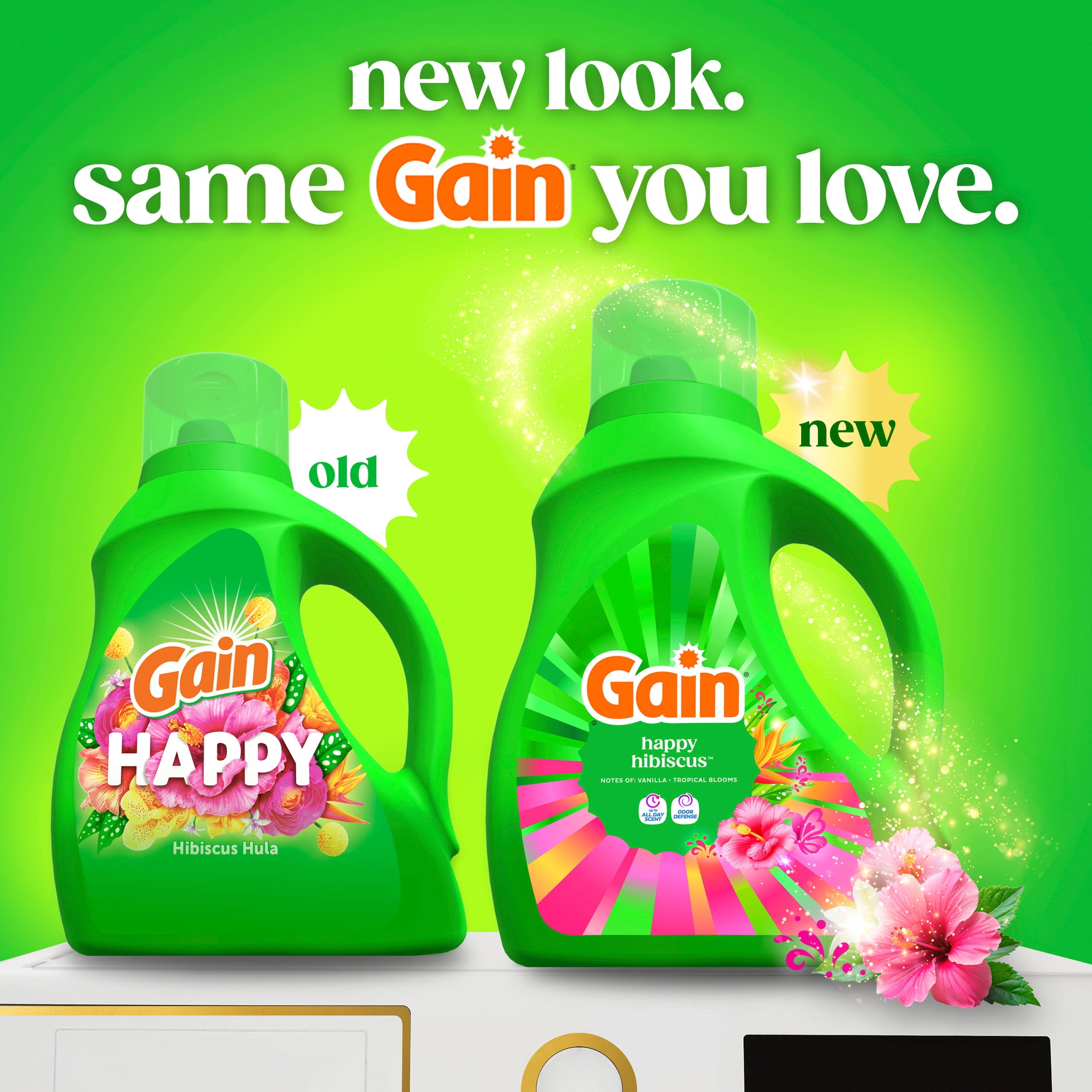 (4 pack) Gain Laundry Detergent Liquid, Now with Odor Defense, Happy Hibiscus Scent, 81 fl oz, 61 Loads