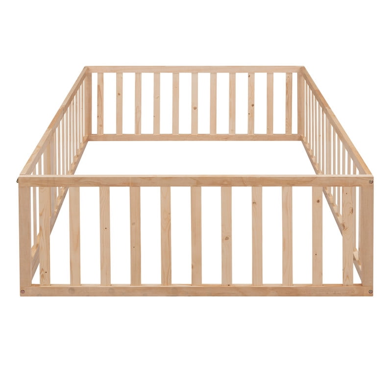 Full Size Floor Bed Platform Bed with Fence and Door, Wooden Montessori Bed Toddler Bed Kids Playhouse Bed with Guardrails for Boys Girls, No Slats