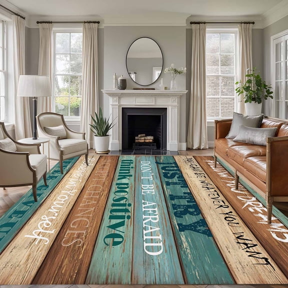 Large Area Rugs for Living Room Bedroom, Teal Brown Blue 6'x9' Rug Washable Carpet Runner Indoor Outdoor, Retro Farmhouse Wooden Grain Plank Non Slip Floor Mats Rug for Kitchen, Playroom