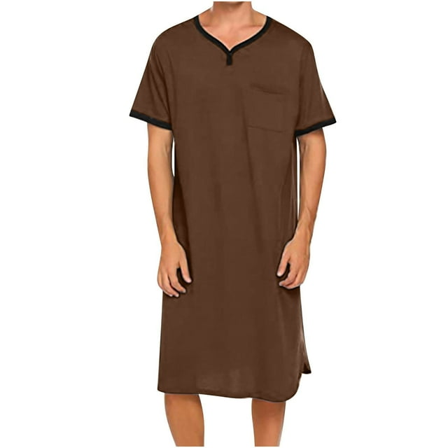 Chemise de Nuit Texturée en Coton pour Hommes, Robe de Nuit à Manches Courtes, Longue Robe, Blouse à Col en V, Haut de Pyjama, Coupe Ample et Décontractée, Confort, Chemise de Nuit Décontractée avec Poches