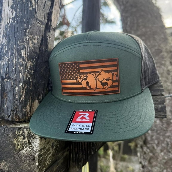 Deer Flag Hat, Leather Patch Hunting Hat, Richardson 168 Flat Bill Snapback, Patriotic Outdoorsman Gift, USA Deer Hat
