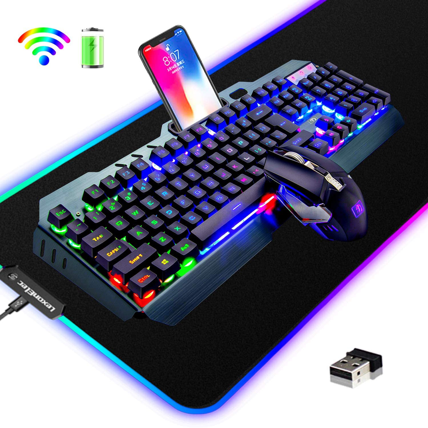 Wireless Gaming Keyboard and Mouse Combo,3 in 1 Rainbow ...