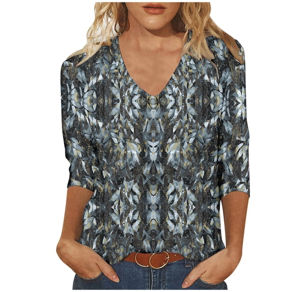Cilsoka Blouses for Women Dressy Casual Plus, Womens 3/4 Length Sleeve Tops V Neck Casual Floral Print Summer Tops for Women Loose Fit Three Quarter Length Sleeve Blouse, Floral Print Tshirts