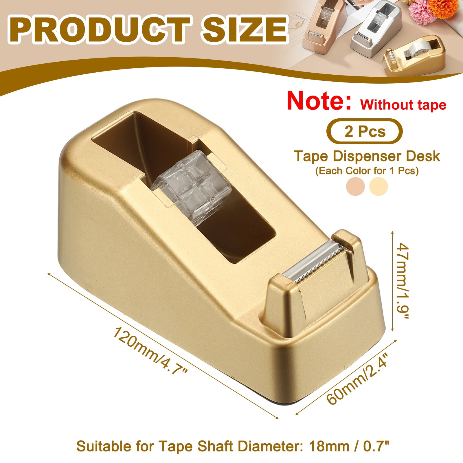 2pcs Tape Dispenser Desk, Heavy Duty Tape Dispenser Desktop Light Luxury Frosted Dispensers Holder Non-Skid Base Elegant for Home Office Desktop Small Business Gift, Gold Tone